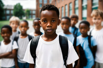 Elementary school student stands in front of school with fellow pupils in the background. Portrait of a black kid outside the school with classmates in the background - obrazy, fototapety, plakaty