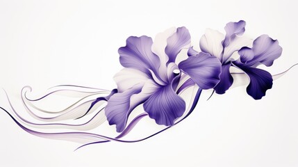 A painting of purple flowers on a white background. Purple iris flowers.