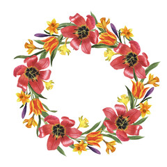 Wreath of spring flowers. Watercolor illustration of flower composition for greeting card, background or flyer. Wedding design