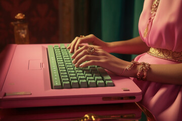 Woman using vintage computer, typing on keyboard. Retro pop art concept with bright colors