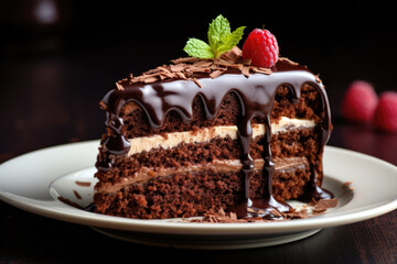 Chocolate cake with raspberry on dark background. Sweet pastries and confectionery