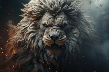 Close up portrait of aggressive lion on abstract background with smoke. © Lazy_Bear