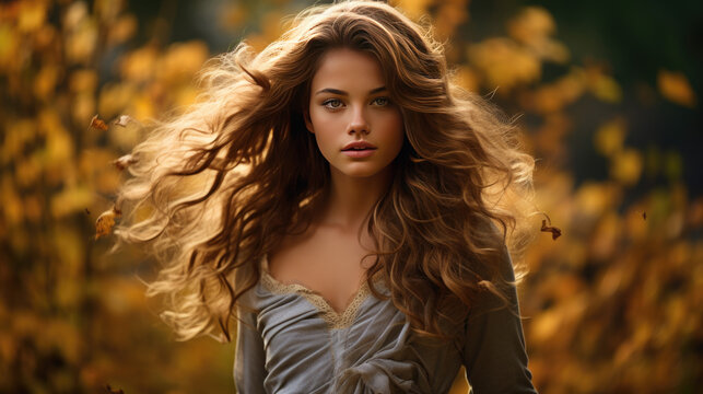 A young, pretty woman with long hair in an autumn forest