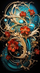 A painting of a blue vase with red flowers. AI image.