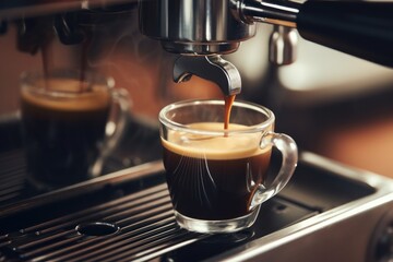 Fototapeta premium A Preparation of espresso coffee by using coffee machine. Espresso pouring from coffee machine. Close-up of espresso pouring from coffee machine. Professional coffee brewing.