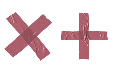 Red adhesive tapes. Cross torn sticky tape set. Wrinkled red adhesive tape pieces.