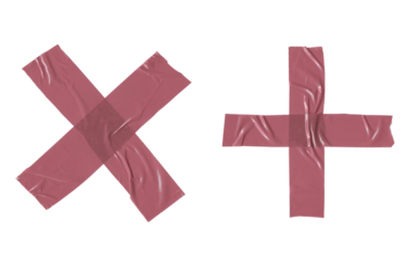 Red adhesive tapes. Cross torn sticky tape set. Wrinkled red adhesive tape pieces.