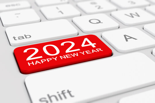 3d render of a white keyboard with a red key and the inscription 2024 - represents the new year 2024 - vacation concept.