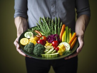 A person holding a plate of vegetables and fruit. Veganuary, vegan January.