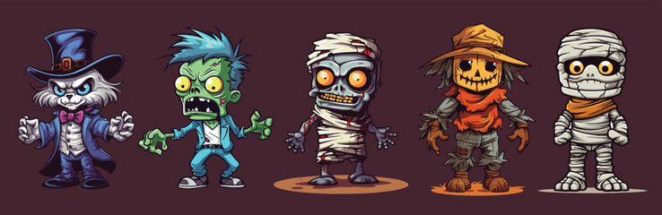 Halloween zombie cartoon characters. Vector illustration of a set of zombies.
