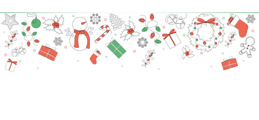 Christmas horizontal background with red and green minimalist decorations
