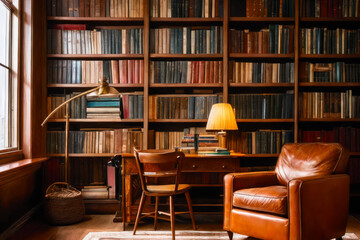 A small study area with a vintage desk, chair, and lamp, surrounded by a wooden bookshelf filled with books and framed family photos. Interior design