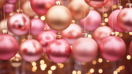 Christmas and New Year Background. Many, Collection of Hanging Pink and Golden Christmas Balls and Led Lights, Bokeh. AI Generated