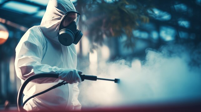A guy from the pest control service in a mask and a white protective suit sprays poisonous gas
