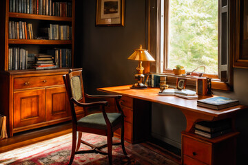 A small study area with a vintage desk, chair, and lamp, surrounded by a wooden bookshelf filled with books and framed family photos. Interior design
