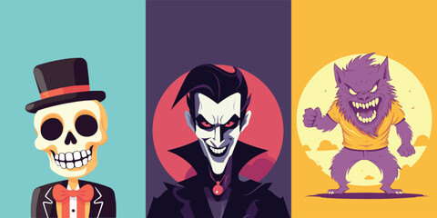 Halloween vector illustration set. Scary cartoon characters with vampire and zombie
