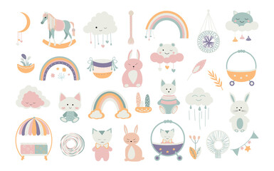 Fototapeta premium A collection of charming Scandinavian style boho baby cards featuring adorable doodle children clipart.Cute cartoon bohemian nursery posters.For shower invitations, posters, and more.