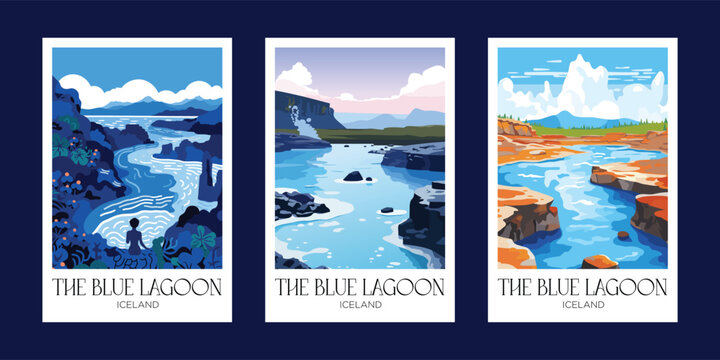 Set of four vector posters with waterfalls, mountains and blue sky.