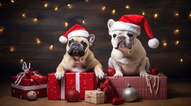dogs in Santa hat with Christmas gifts