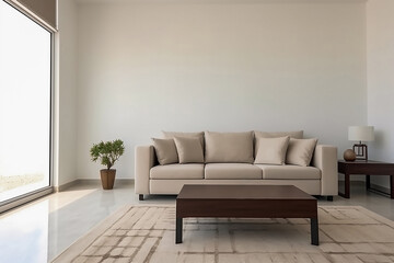 A modern living room mockup with an empty wall and a comfortable beige sofa with pillows. A bright room with a window. Green indoor plants create comfort. 3d rendering. Copy space.