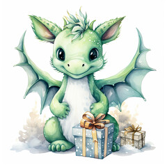 Watercolour cute green dragon with a gift, isolated on a white background