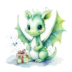 Watercolour cute green dragon with a gift, isolated on a white background