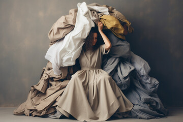 Woman in a pile of clothes. Shopping addiction, clothing industry pollution, used clothes, fast fashion, sustainability, second hand, recycling concept, overabundance, reuse of garment - obrazy, fototapety, plakaty