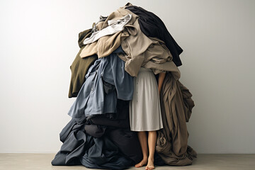 Woman standing in a pile of clothes. Shopping addiction, clothing industry pollution, used clothes, fast fashion, sustainability, second hand, recycling concept, overabundance, reuse of garment - obrazy, fototapety, plakaty