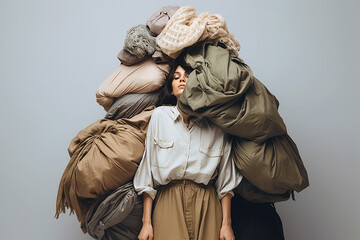 Woman standing in a pile of clothes. Shopping addiction, clothing industry pollution, used clothes, fast fashion, sustainability, second hand, recycling concept, overabundance, reuse of garment - obrazy, fototapety, plakaty