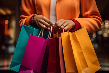Unrecognizable woman holding many shopping paper bags. Hands with paper package bags. Black Friday sale big buy day, discount concept, sale season, shopaholic.
