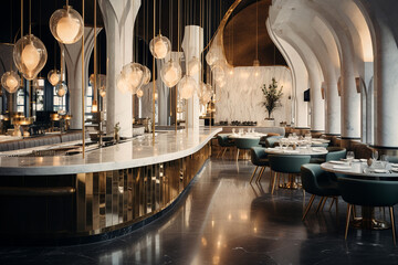 Restaurant interior in light colors, empty modern cafe