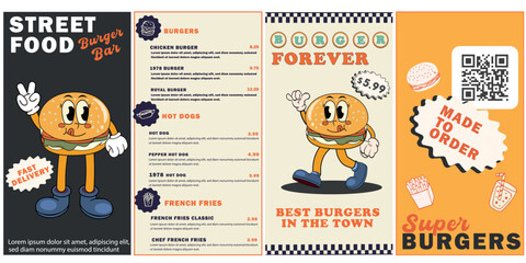 Burger retro cartoon fast food posters and cards. Comic character slogan quote and other elements for burger bar cafe restaurant. Menu, invitation, stories template. Groovy vector illustration © Oksana Kalashnykova