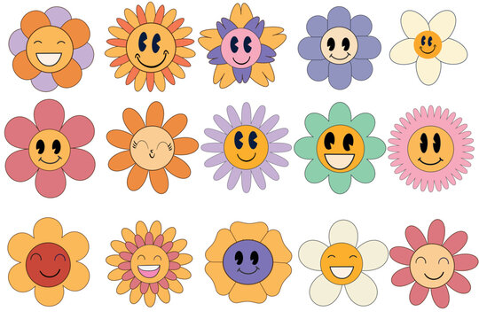 Groovy flower cartoon characters. Funny happy daisy with eyes and smile. Sticker pack in trendy retro trippy style. Hippie 60s, 70s style. Vector illustration.