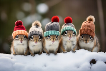 A group of five cute chipmunks in the snow wearing winter woolly hats, adorable Christmas scene - Generative AI - obrazy, fototapety, plakaty