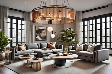 chic living room with contemporary furnishings and incandescent lighting, stylish living space featuring loft aesthetic and current accents, contemporary chic living room with incandescent lighting