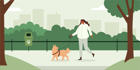 Pet owner leading playful dog on the leash. Canine animal obedient training and outside loose leash walking. Puppy care concept. Flat vector illustration.
