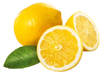 limão siciliano inteiro e limão siciliano cortado acompanhado de folha de limoeiro isolado em...