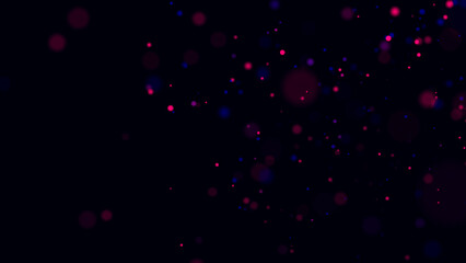 Abstract dust particles with blue and red light on dark background. Science backdrop with moving glittering dots. Flying particles with effect bokeh. 3d rendering.