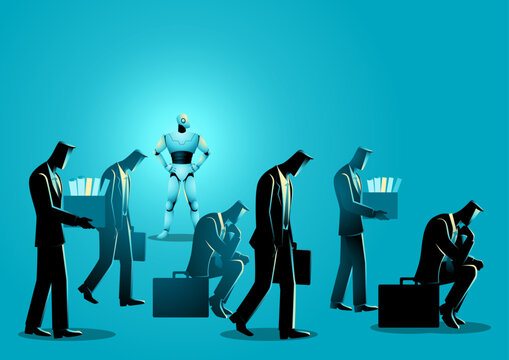 Illustration portraying the looming AI threat, embodied by a robot overtaking human job roles. Depiction of the evolving of automation and its potential impact on employment