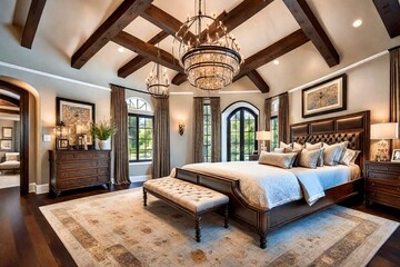 elegantly decorated master bedroom in a mansion, master bedroom with chandelier and vaulted wood ceiling, luxurious mansion bedroom with stunning decor, vaulted ceiling in master bedroom - obrazy, fototapety, plakaty
