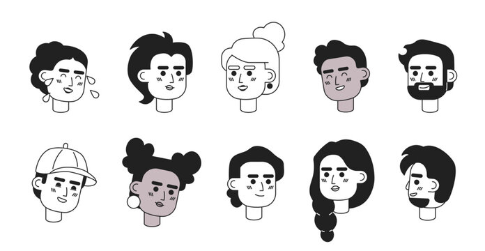 Diverse podcasters bloggers black and white 2D vector avatars illustration set. Millennial host event outline cartoon characters faces isolated. Gen z flat user profiles images collection, portraits