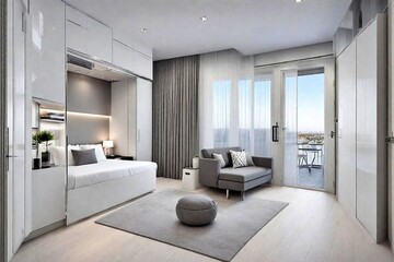 luxurious studio apartment in gray and white, contemporary design with costly furnishings, stylish monochrome studio with white accents, high-end living space with gray and white theme