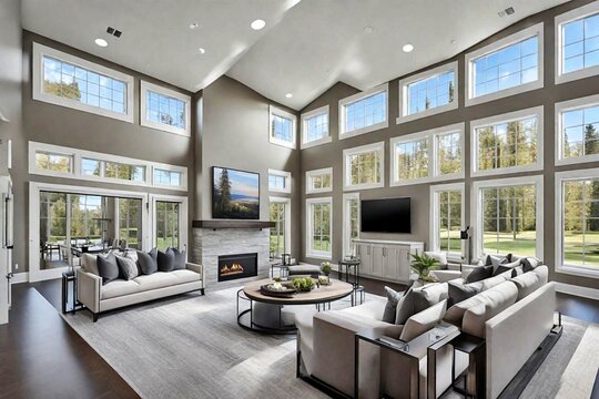 luxury living area with panoramic yard view, stylish room decor with crystal chandelier, fireplace and seating in elegant living space, grand windows and crystal chandelier in living room