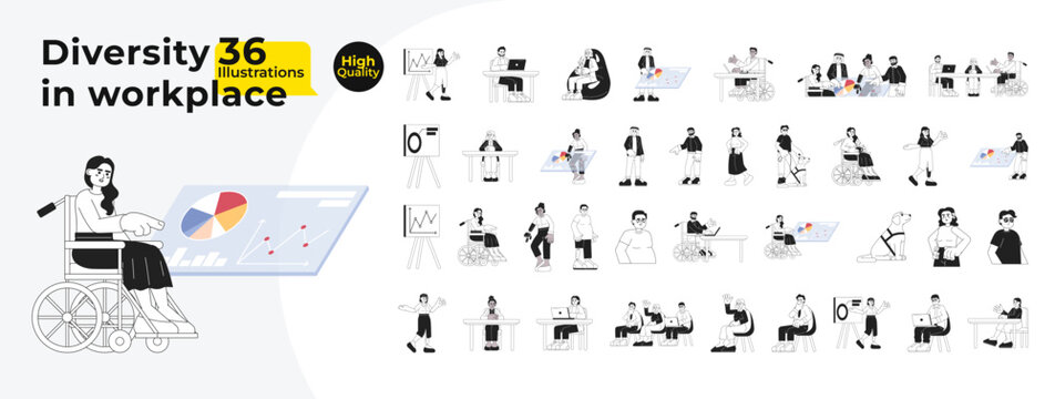 Diverse employees coworkers multicultural black and white cartoon flat illustration bundle. Diversity colleagues inclusive people linear 2D characters isolated. Monochromatic vector image collection