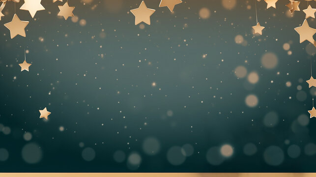 Festive background of many golden stars for greeting cards and greetings, on a blue background. Stars of different shapes and sizes, bokeh elements are used as a design element. Copy space.
