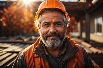 Portrait of a roof construction bearded mature worker working on a roof, adorned in safety gear with autumn sun flares in the background. Generative AI.