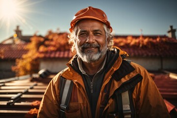 Fototapeta premium Portrait of a roof construction bearded mature worker working on a roof, adorned in safety gear with autumn sun flares in the background. Generative AI.