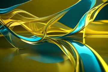 abstract background. Transparent glossy glass ribbon on water. Yellow and blue colors curved wave in motion. Modern design element for banner background, wallpaper