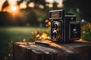 Photo of vintage camera at sunset in park