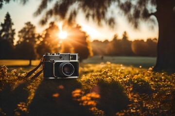 Photo of vintage camera at sunset in park
